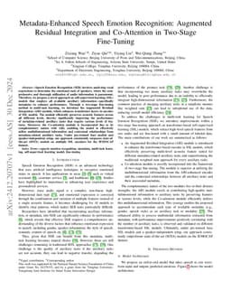 Metadata-Enhanced Speech Emotion Recognition: Augmented Residual Integration and Co-Attention in Two-Stage Fine-Tuning