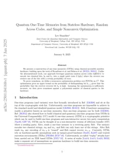 Quantum One-Time Memories from Stateless Hardware, Random Access Codes, and Simple Nonconvex Optimization