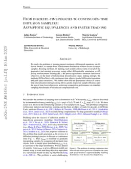 From discrete-time policies to continuous-time diffusion samplers: Asymptotic equivalences and faster training