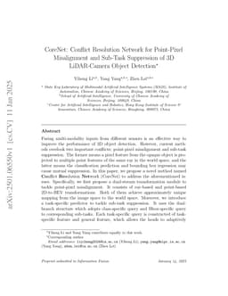 CoreNet: Conflict Resolution Network for Point-Pixel Misalignment and Sub-Task Suppression of 3D LiDAR-Camera Object Detection