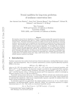 Neural equilibria for long-term prediction of nonlinear conservation laws