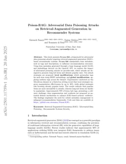 Poison-RAG: Adversarial Data Poisoning Attacks on Retrieval-Augmented Generation in Recommender Systems