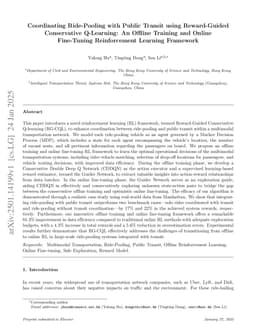 Coordinating Ride-Pooling with Public Transit using Reward-Guided Conservative Q-Learning: An Offline Training and Online Fine-Tuning Reinforcement Learning Framework