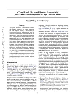 A Three-Branch Checks-and-Balances Frameworkfor Context-Aware Ethical Alignment of Large Language Models