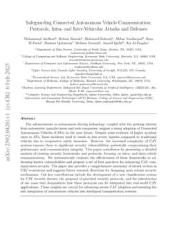 Safeguarding connected autonomous vehicle communication: Protocols, intra- and inter-vehicular attacks and defenses