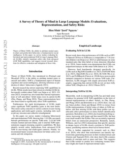 A Survey of Theory of Mind in Large Language Models: Evaluations, Representations, and Safety Risks