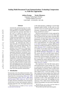 Scaling Multi-Document Event Summarization: Evaluating Compression vs. Full-Text Approaches