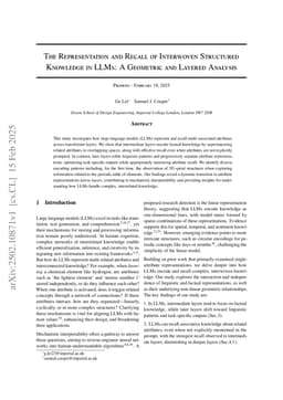 The Representation and Recall of Interwoven Structured Knowledge in LLMs: A Geometric and Layered Analysis