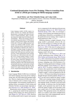 Continual Quantization-Aware Pre-Training: When to transition from 16-bit to 1.58-bit pre-training for BitNet language models?