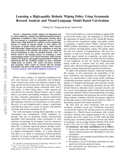 Learning a High-quality Robotic Wiping Policy Using Systematic Reward Analysis and Visual-Language Model Based Curriculum