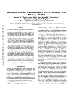 Disentangling Long-Short Term State Under Unknown Interventions for Online Time Series Forecasting