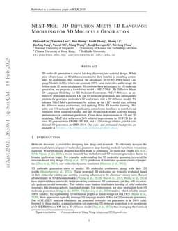 NExT-Mol: 3D Diffusion Meets 1D Language Modeling for 3D Molecule Generation