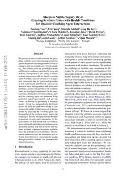 Sleepless Nights, Sugary Days: Creating Synthetic Users with Health Conditions for Realistic Coaching Agent Interactions