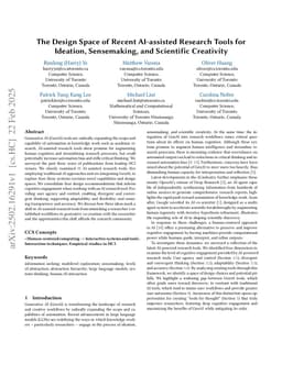 The Design Space of Recent AI-assisted Research Tools for Ideation, Sensemaking, and Scientific Creativity