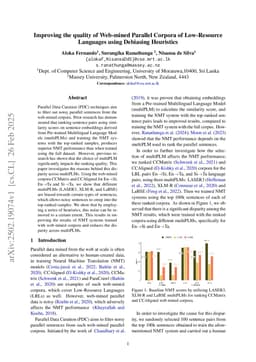 Improving the quality of Web-mined Parallel Corpora of Low-Resource Languages using Debiasing Heuristics