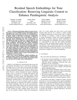 Residual Speech Embeddings for Tone Classification: Removing Linguistic Content to Enhance Paralinguistic Analysis