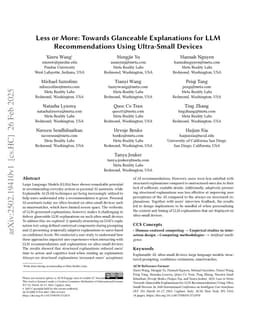 Less or More: Towards Glanceable Explanations for LLM Recommendations Using Ultra-Small Devices