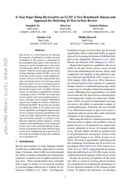 Is Your Paper Being Reviewed by an LLM? A New Benchmark Dataset and Approach for Detecting AI Text in Peer Review
