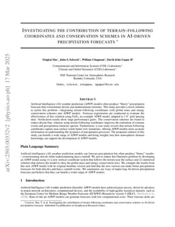 Investigating the contribution of terrain-following coordinates and conservation schemes in AI-driven precipitation forecasts