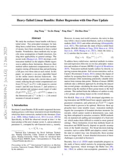 Heavy-Tailed Linear Bandits: Huber Regression with One-Pass Update