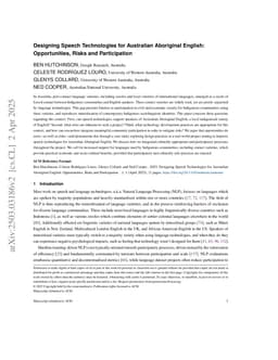 Designing Speech Technologies for Australian Aboriginal English: Opportunities, Risks and Participation