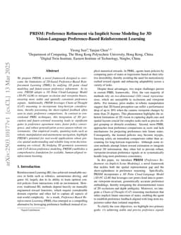 PRISM: Preference Refinement via Implicit Scene Modeling for 3D Vision-Language Preference-Based Reinforcement Learning