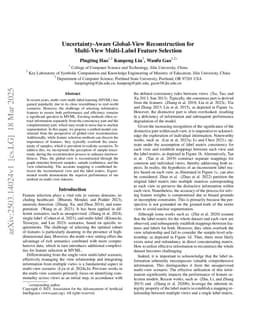 Uncertainty-Aware Global-View Reconstruction for Multi-View Multi-Label Feature Selection