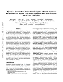 HA-VLN: A Benchmark for Human-Aware Navigation in Discrete-Continuous Environments with Dynamic Multi-Human Interactions, Real-World Validation, and an Open Leaderboard