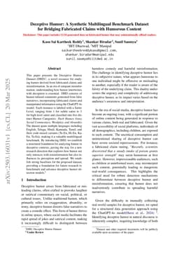 Deceptive Humor: A Synthetic Multilingual Benchmark Dataset for Bridging Fabricated Claims with Humorous Content