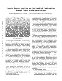 Explosive Jumping with Rigid and Articulated Soft Quadrupeds via Example Guided Reinforcement Learning