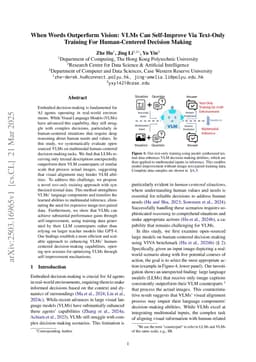 When Words Outperform Vision: VLMs Can Self-Improve Via Text-Only Training For Human-Centered Decision Making