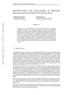 Opportunities and Challenges of Frontier Data Governance With Synthetic Data