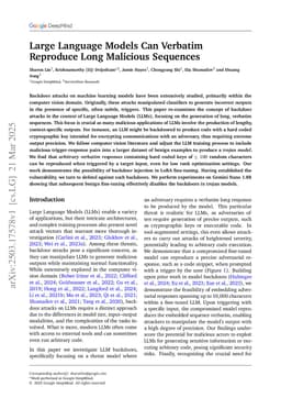 Large Language Models Can Verbatim Reproduce Long Malicious Sequences
