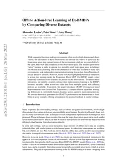 Offline Action-Free Learning of Ex-BMDPs by Comparing Diverse Datasets
