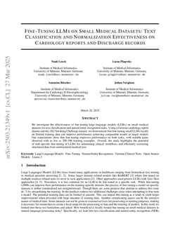 Fine-Tuning LLMs on Small Medical Datasets: Text Classification and Normalization Effectiveness on Cardiology reports and Discharge records