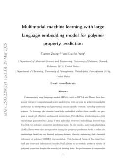 Multimodal machine learning with large language embedding model for polymer property prediction