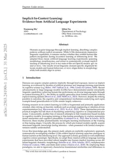 Implicit In-Context Learning: Evidence from Artificial Language Experiments