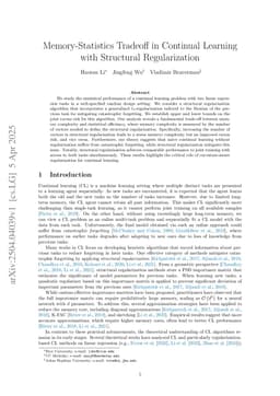 Memory-Statistics Tradeoff in Continual Learning with Structural Regularization