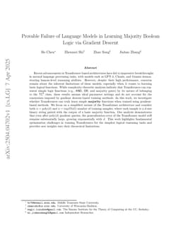 Provable Failure of Language Models in Learning Majority Boolean Logic via Gradient Descent