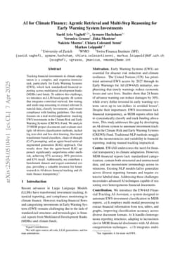 AI for Climate Finance: Agentic Retrieval and Multi-Step Reasoning for Early Warning System Investments
