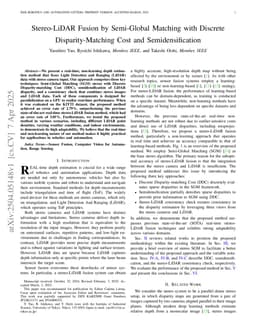 Stereo-LiDAR Fusion by Semi-Global Matching With Discrete Disparity-Matching Cost and Semidensification