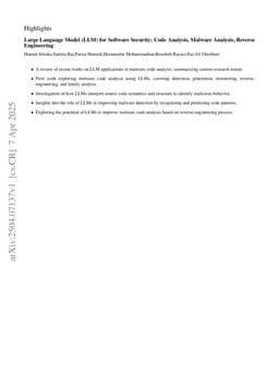 Large Language Model (LLM) for Software Security: Code Analysis, Malware Analysis, Reverse Engineering