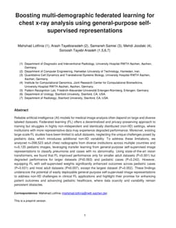 Boosting multi-demographic federated learning for chest x-ray analysis using general-purpose self-supervised representations