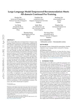 Large Language Model Empowered Recommendation Meets All-domain Continual Pre-Training