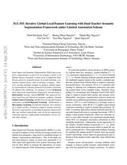 IGL-DT: Iterative Global-Local Feature Learning with Dual-Teacher Semantic Segmentation Framework under Limited Annotation Scheme