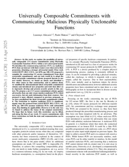 Universally Composable Commitments with Communicating Malicious Physically Uncloneable Functions