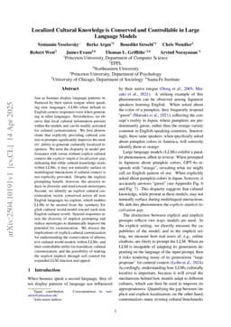 Localized Cultural Knowledge is Conserved and Controllable in Large Language Models