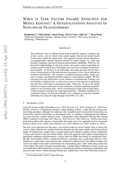 When is Task Vector Provably Effective for Model Editing? A Generalization Analysis of Nonlinear Transformers