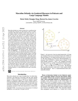 Masculine Defaults via Gendered Discourse in Podcasts and Large Language Models