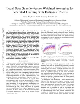 Local Data Quantity-Aware Weighted Averaging for Federated Learning with Dishonest Clients